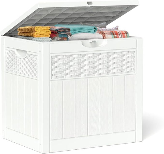 ZYJOYY 33 Gallon Resin Deck Box, Weatherproof Outdoor Storage Box for Patio, Garden and Yard, Lockable Waterproof Bin for Tools, Cushions, and Accessories, White
