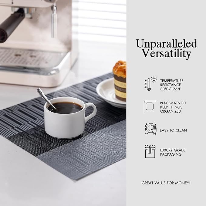 Placemats Set of 8 - Easy Clean Woven Vinyl Placemats for Dining Table, Indoor/Outdoor Place Mats, Washable PVC Table Mats （Silver Gray Black）