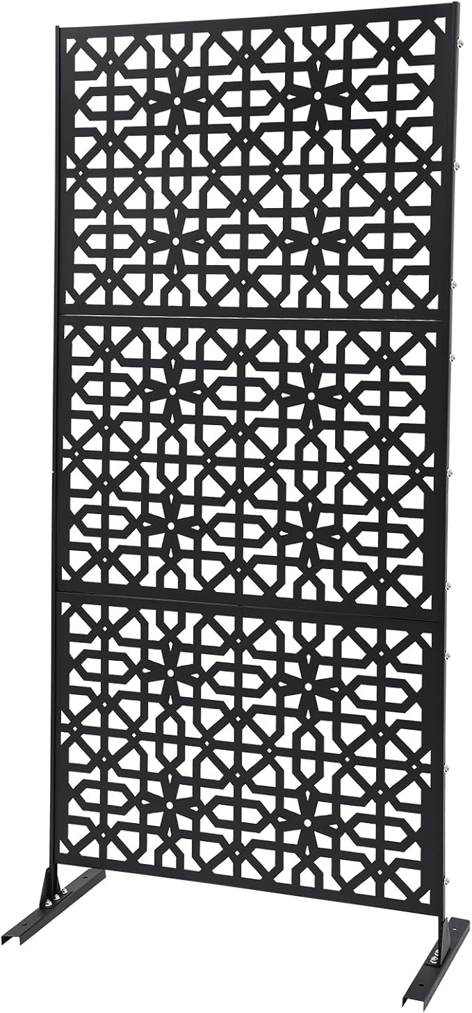 Outdoor Metal Privacy Screen with Stand, 35.4" W x 75" H Freestanding Metal Slatted Decorative Privacy Screen and Panels for Patio Garden Balcony Porch (Black Polygonal)