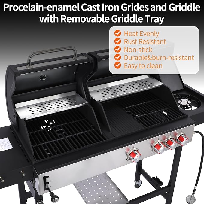 Propane Gas and Charcoal Grill Combo | Griddle Grill with Side Burner | BBQ Grills 2-in-1 | 41,500 BTU Output, 673 SQ IN Cooking Area Perfect for Outdoor Events & Backyard Barbecue