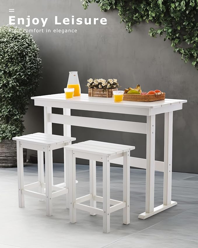 3 Piece HDPE Outdoor Bar Height Table and Chairs Set of 2 Includes High Top Patio Table and Chairs, Outside Patio Bar Set for Bistro,Balcony,Backyard,Poolside (White, 3 Piece)