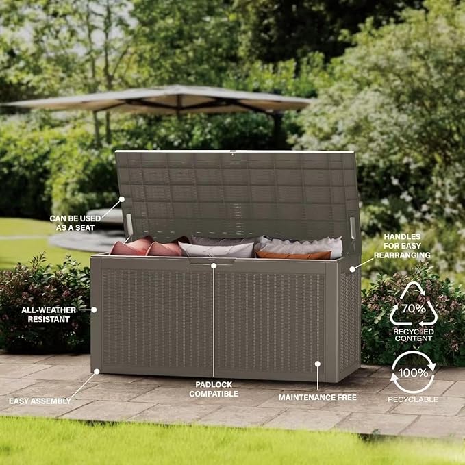 80 Gallon Resin Deck Box, Waterproof Outdoor Storage Box for Patio Furniture, Garden Tools, and Pool Accessories, Lockable UV-Resistant Storage Bin Bench Cabinet for Outside, Grey