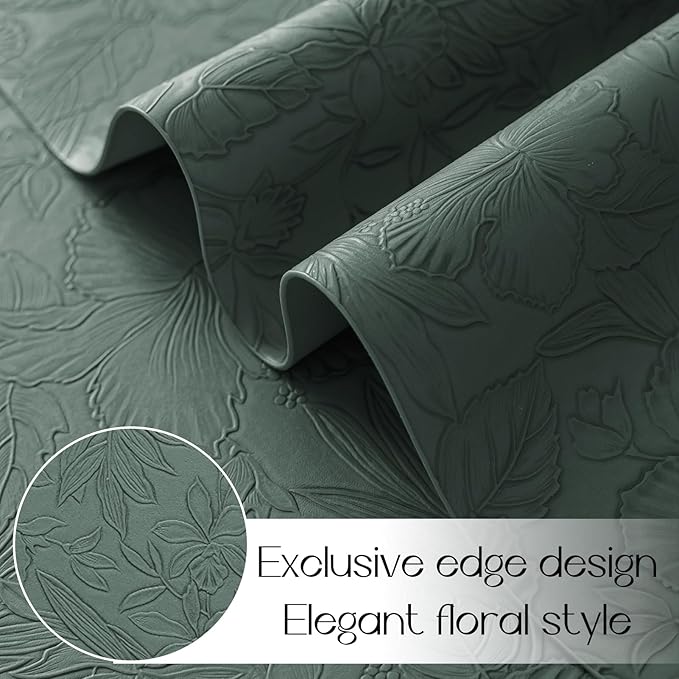 Romanstile Vinyl Placemats Set of 8-12 X 18 Inch - Heat Resistant Non-Slip Embossed Floral Place Mats 100% Waterproof Oilproof Wipeable Faux Leather Table Mats for Kitchen/Dining/Party, Green