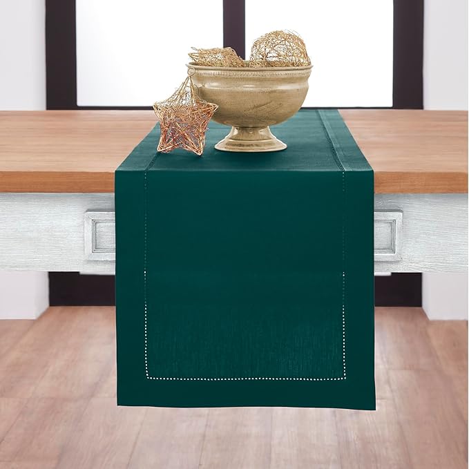 Solino Home Cotton Linen Dark Green Table Runner 72 Inches Long - Hemstitch Table Runner 14 x 72 Inch for Dresser, Dining, St Patricks Day