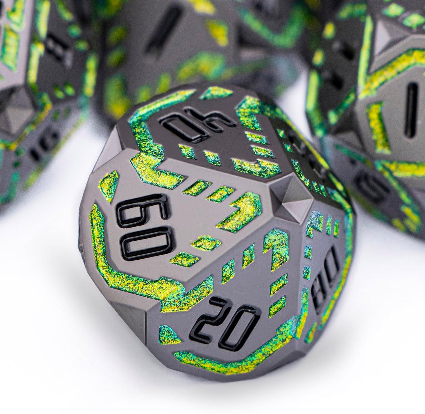 Metal DND Sci-fi Dice Set 7PCS Stripe Polyhedral Dice for Dungeons Dragons RPG Role Playing Game, Glitter D and D Dice with Gift Box D6 D8 D10 D12 D20 (Black&Green Yellow)