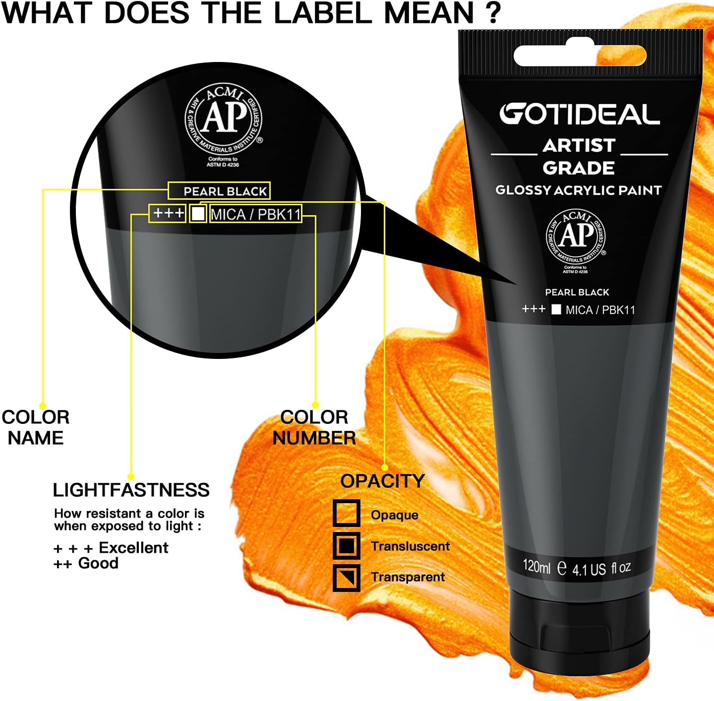 GOTIDEAL Metallic Acrylic Paint Pearl Black Tubes(120ml, 4.1 oz) Non Toxic Non Fading,Rich Pigments for Painters, Adults & Kids, Ideal for Canvas Wood Clay Fabric Ceramic Craft Supplies (Pearl Black)