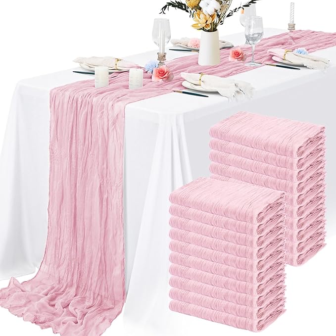20 Packs Cheesecloth Table Runner 10FT Long Boho Gauze Fabric Table Runner Vintage Rustic Sheer Runners for Wedding Party Bridal Baby Shower Table Decorations (Light Pink)