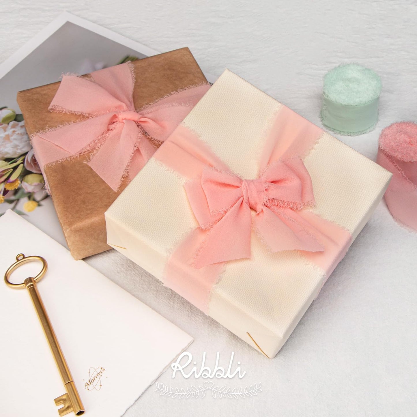 Ribbli Light Pink Chiffon Ribbon 1-1/2 inch x 20 Yard Handmade Fringe Chiffon Silk Ribbon for Wedding Invitations, Bridal Bouquets Wrapping, Flower Arrangement Decoration