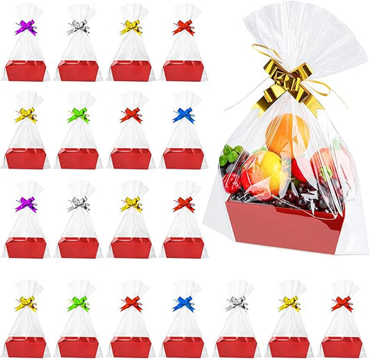 Fainne 74 Pcs Baskets for Gifts Empty Bulk DIY Empty Gift Basket Include 20 Kraft Cardboard Tray with Handles 30 Bags 24 Bows for Christmas Thanksgiving Birthdays Snacks Party, 8" x 6" x 3"(Red)