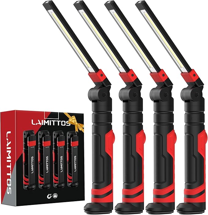 Rechargeable Work Light 2500mAh Magnetic LED Work Light Flashlight Mechanic Light Tool for Men Him, Foldable Lamp with Hook for Car Repair Emergency BBQ Grill (4 Pack)