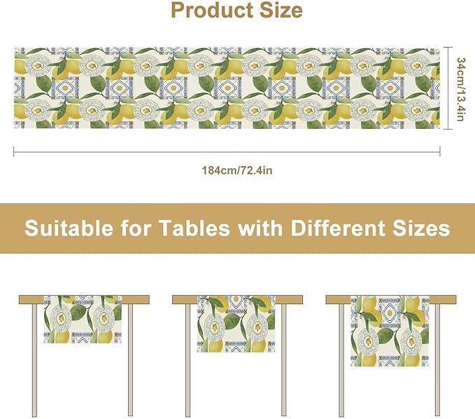 Tiles Lemon Table Runner, Watercolor Italian Tile Floral Plant Print Table Runner for Farmhouse Coffee Home Kitchen Dining Outdoor Party 13x60in