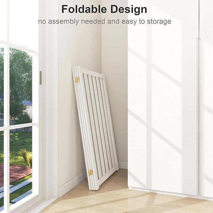 36" Height Extra Tall Freestanding Pet Gate, Solid Wood Folding Safety Fence Wooden Dog Gate with 2 PCs Support Feet Ideal for Stairs, Doorways, Halls, Kitchens, Heavy Duty Gates, 4 Panels, White