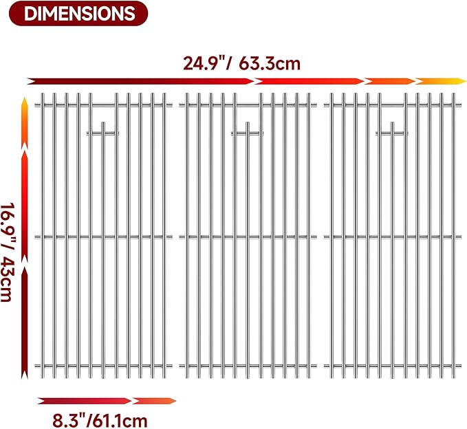 16.94''D x 24.94''W Grill Grates Replacement for Charbroil：463344116,Silver Stainless Steel Grill Grate for Kenmore Gas Grill：16113，3Pack Grill Grates for Broil King Grill：987734