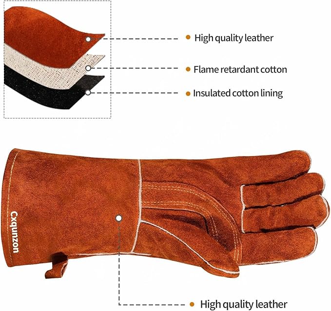 Leather Welding Gloves - Thick Premium Cow Split Leather, Heat Resistant, Welding, Grilling, BBQ & Fireplace