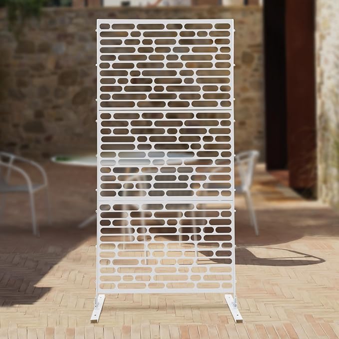 Outdoor Metal Privacy Screen with Stand, 35.4" W x 75" H Freestanding Metal Slatted Decorative Privacy Screen and Panels for Patio Garden Balcony Porch (White Rounded Rectangle)