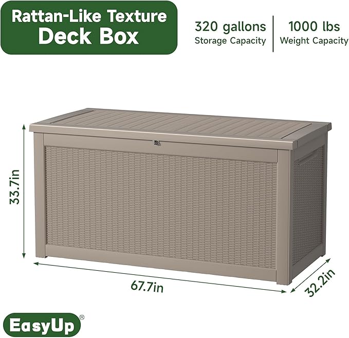 EasyUp 320 Gallon Outdoor Storage Box Waterproof, UV Resistant Resin Deck Box with Hydraulic Rod, Reinforced Stability for Patio, Garden, Rattan Gray