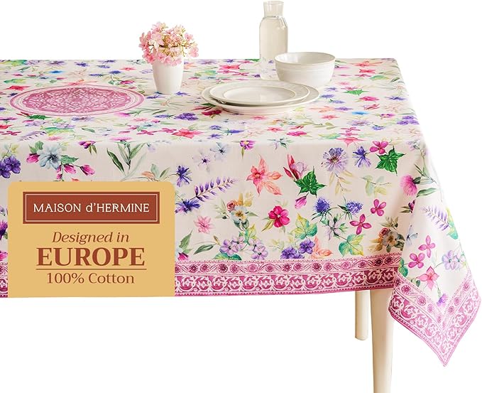 Maison d' Hermine Table Cloth Rectangle Table 100% Cotton 70 x 108 Inches Tablecloth Reusable Decorative Everyday Use for Dining Room, Farmhouse, Home, Party, Festive & Wedding Spring Summer - Chardon