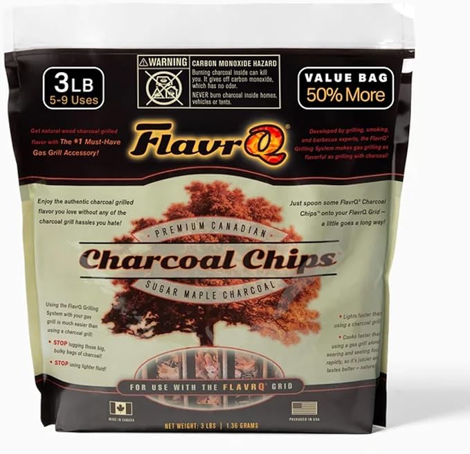 FlavrQ® 3lb Bag of Charcoal Chips - Convert Gas Grill to Charcoal in Seconds - 100% All-Natural and Chemical-Free Canadian Sugar Maple Wood - Cooks Faster and sear Food About 50% Faster