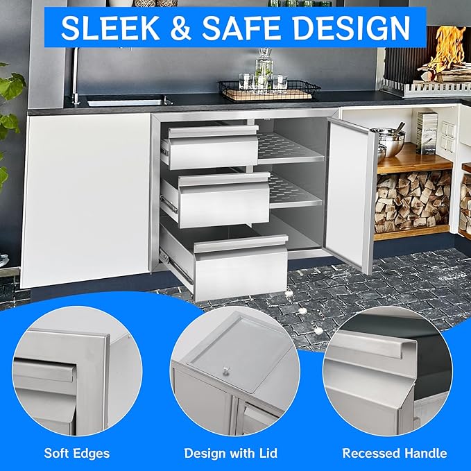 Outdoor Kitchen Drawer Combo, Stainless Steel Triple Drawers with Access Door, 28" W x 22" H x 19.5" D Outdoor Kitchen Cabinet for BBQ Island Grill Stations