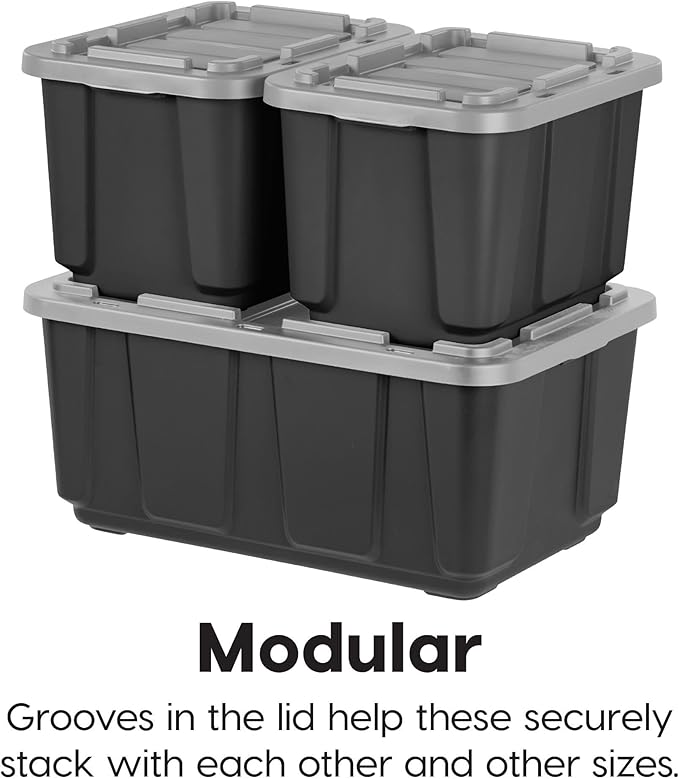 IRIS USA 4-Pack 12 Gallon Storage Bins with Lids |Made in USA| Heavy Duty Plastic Tote Containers for Truckbed Tool Box Organization, Large - Gray