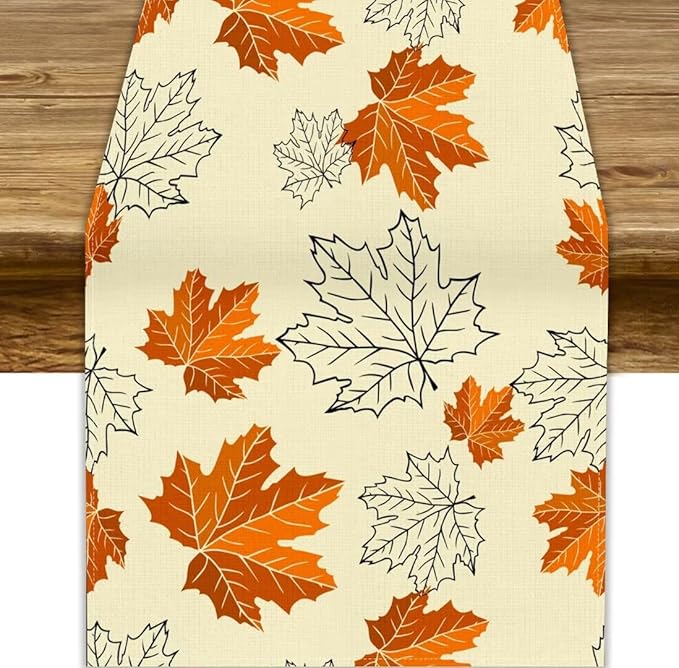Fall Maple Leaves Table Runner, Rustic Vintage Autumn Orange Leaf Thanksgiving Farmhouse Kitchen Dinning Table for Indoor Outdoor Home Party, 13x120inch
