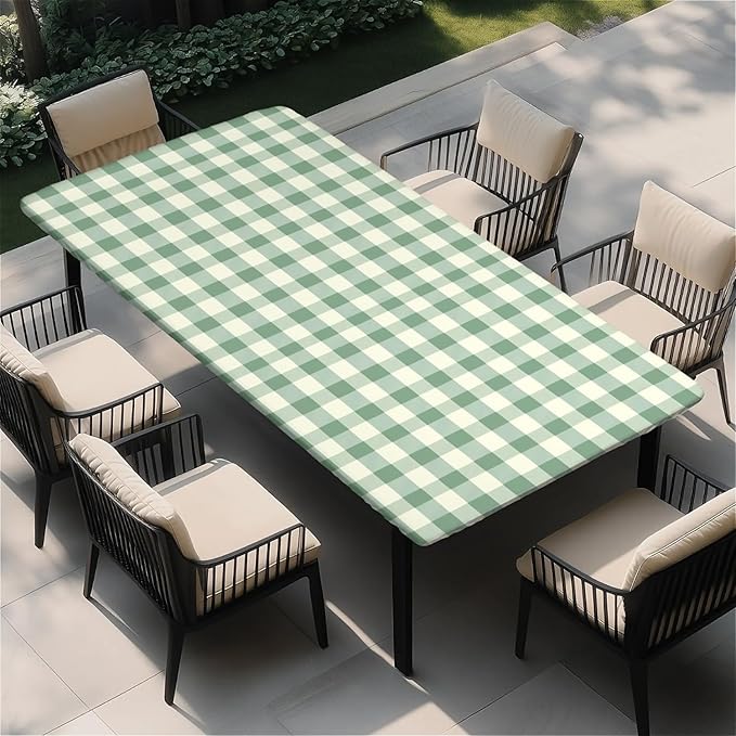 Rectangle Table Cloth Cover Waterproof Elastic Fitted Polyester Fitted Tablecloths for 6 Foot Tables for Indoor,Picnic, Camping, Outdoor （72" x 30"，Green Grid）