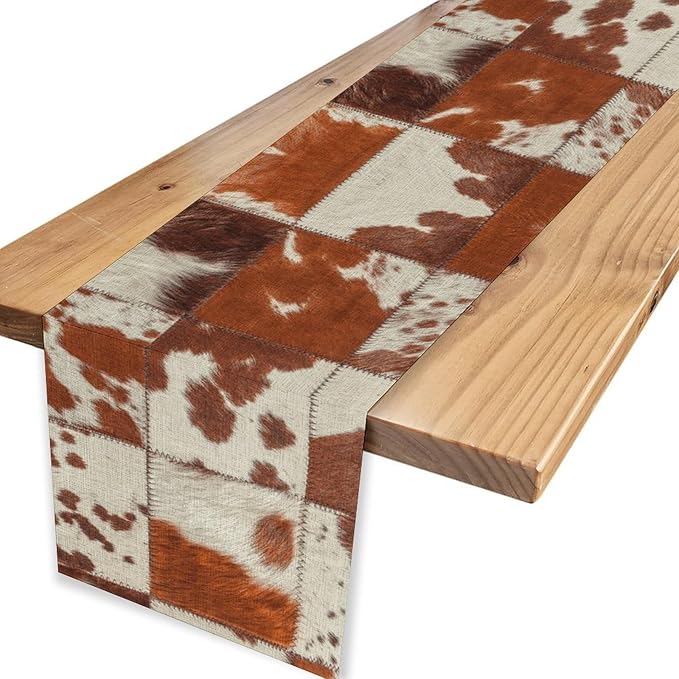Cow Print Table Runner, Brown Cowhide Print Collage Fur Western Style Table Runner Country Farmhouse Cottage Cow Pattern Linen Table Decoration for Home Kitchen Dining 13x108