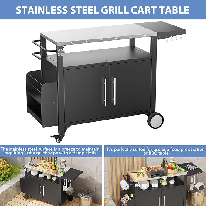 ROOMTEC Outdoor Grill Cart with Storage,Patio Kitchen Island with WheelsHooks and Spice Rack,Waterproof Outdoor Grill Table,Movable BBQ Serving Cart Rolling Bar Cart for Home Party Bar