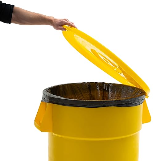 PRO&Family Commercial Round Trash Can with Lid and Dolly Rolling Waste Container, Ingredient Bin, Heavy-Duty Plastic, Anti-Static, Kitchen, Office, Outdoor Use (Yellow, 44 Gallon)
