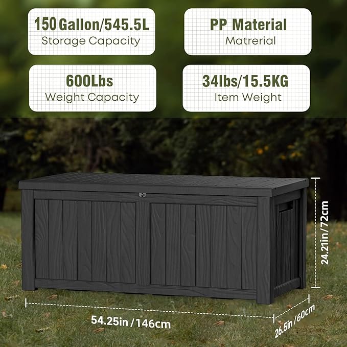 150 Gallon Waterproof Outdoor Storage Box,Resin Deck Box,Lockable Outside Storage Box Container for Patio Furniure,Garden,Tools (150 Gallon,Black)