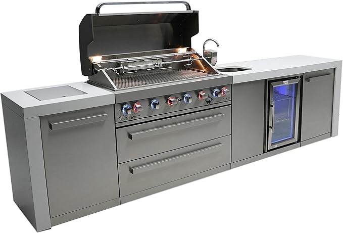 Mont Alpi MAi805-DBEV 6-Burner 115000 BTU 44-inch Deluxe Stainless Steel Island Outdoor Kitchen Gas Grill + Beverage Center Faucet and Sink + Granite Countertops + Storage Drawers and Cabinets