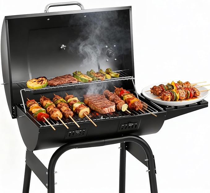 Outvita Barrel Charcoal Grill with Warming Rack, Outdoor BBQ Grill with Side Front Table with Spacious Cooking Grid Area for Backyard Patio Picnic Parties Camping, Black