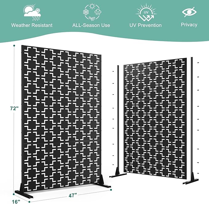 Metal Privacy Screen for Outdoor & Indoor Use, Free Standing Privacy Screen for Patio Garden Pool, 72" H x 47" W Decoative Privacy Panels, Weather Resistant, Easy Assembly (Black Square Floral)