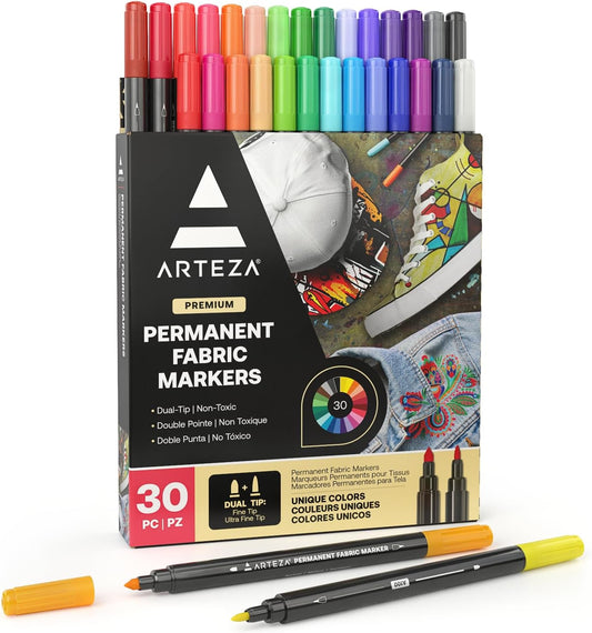 ARTEZA Fabric Markers, Set of 30, Colored Permanent Textile Markers, Dual-Tip Pens for Coloring T-Shirts, Jeans, Jackets, Backpacks
