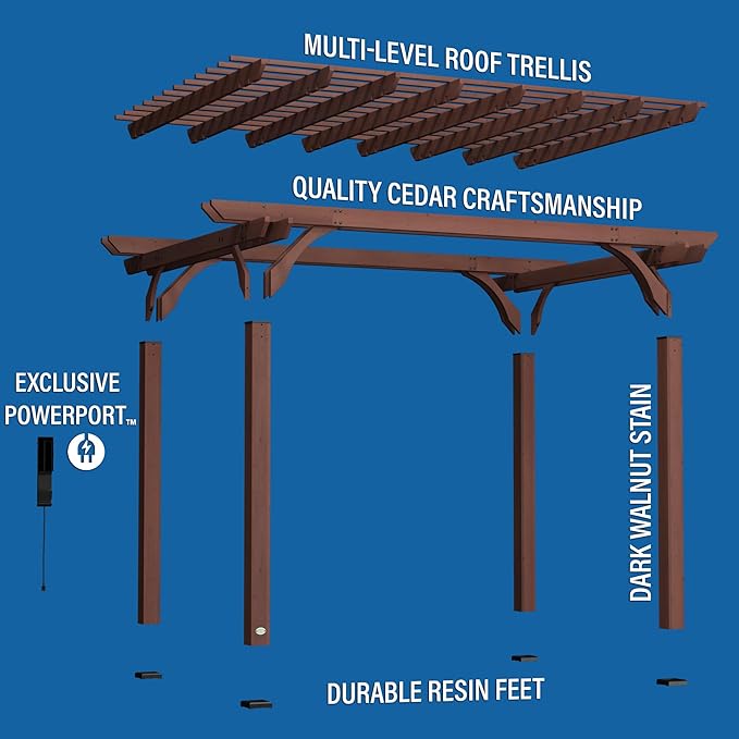 Backyard Discovery Somerville 14 x 10 Walnut All Cedar Pergola, Durable, Quality Supported Structure, Snow and Wind Supported, Rot Resistant, Electrical Outlet with USB, Deck, Garden, Patio