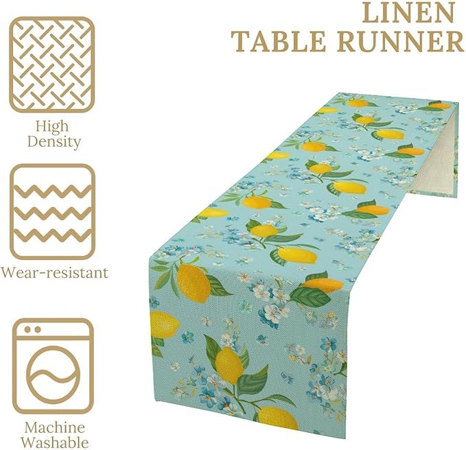 Farmhouse Lemon Fruit Table Runner,Nature Aesthetic Blue Flowers Plant Farmhouse Dining Table Decoration for Home Holiday Party Dresser Kitchen Cabin Restaurant Wedding Decor 13×70in