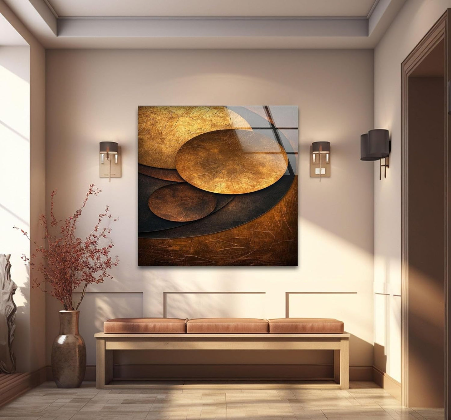 My Photostation.com 24Wx30H'' Bronze Art Deco Geometric Motifs Glass Wall Art Tempered Glass Printing Wall Decor Large Wall Art Wall Hangings