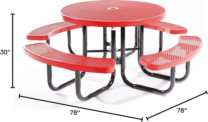 COATEDOUTDOORFURNITURE Heavy-Duty Portable Outdoor Picnic Table with Umbrella Hole, Expanded Metal Commercial-Grade Patio Dining Furniture Made in America (46" Round Top, Red)
