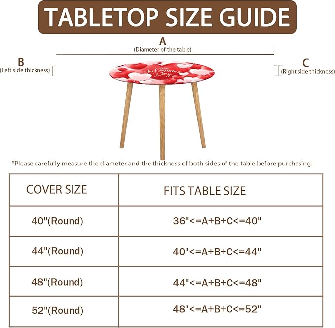 Valentines Day Round Fitted Tablecloth with Elastic Red White Love Heart Circle Table Cloth for 48-52" Round Tables Wipeable Waterproof Washable Valentine Table Cover for Picnic Dining Party Decor