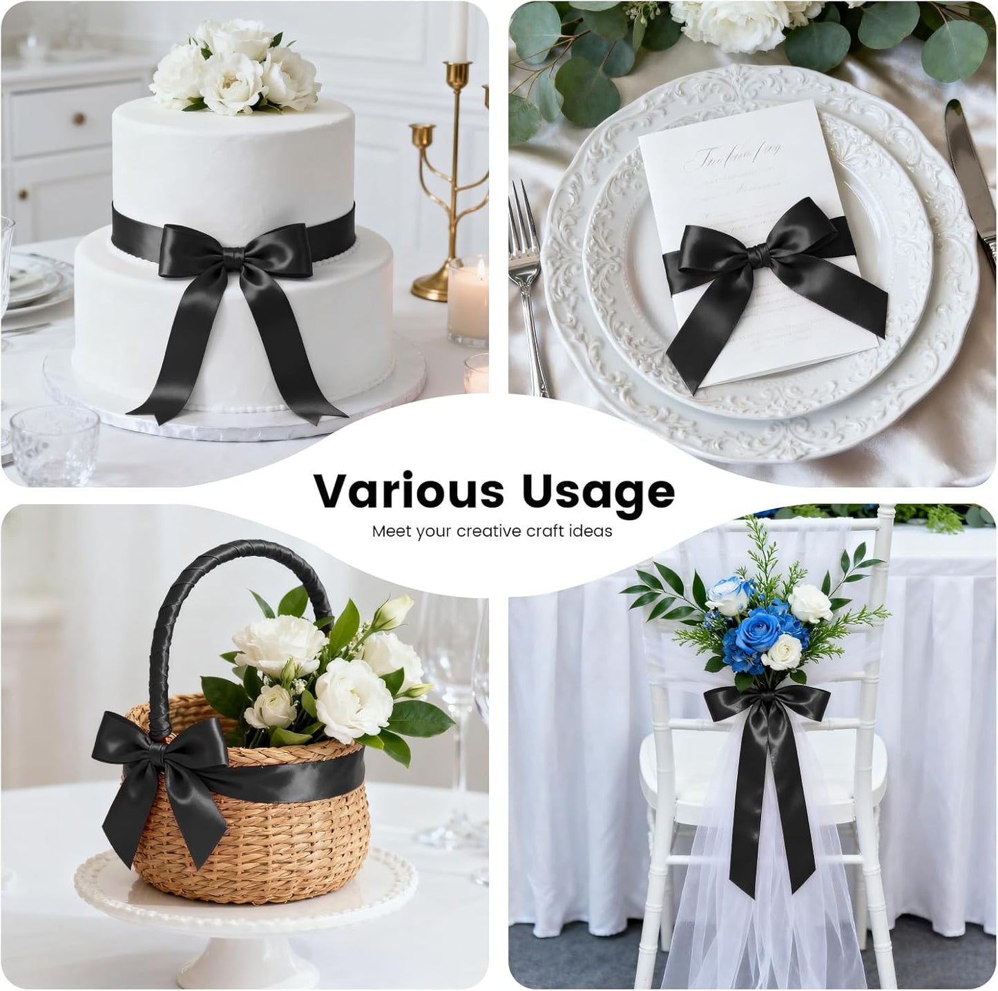 1-1/2 Inch 25 Yards Satin Ribbon Black, Solid Color Fabric Ribbon for Gift Wrapping, Wedding, Polyester Gift Ribbon for Birthday Party Decoration, Craft, Hair, Floral, Sewing