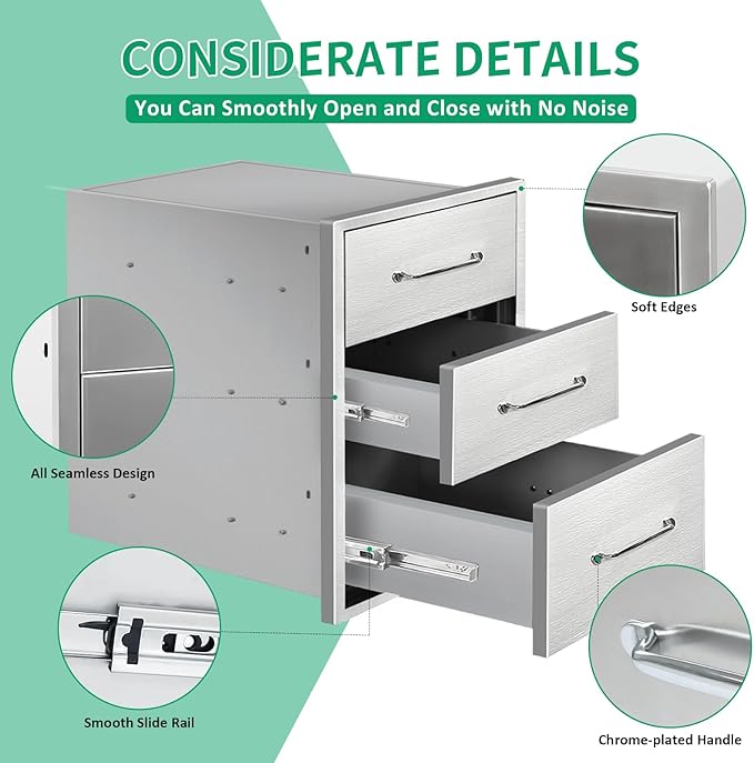 Outdoor Kitchen Drawers 16" W x 21" H x 23" D Stainless Steel Triple Drawers with Ergonomic Handle for BBQ Island, Patio Grill Station & Outdoor Kitchen Cabinets