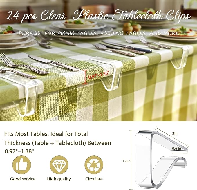 24 Pcs Clear Tablecloth Clips for Indoor Outdoor Tables, Plastic Table Cloth Holder Clips for Folding Tables, Picnic Table Cover Clip Clamps Small