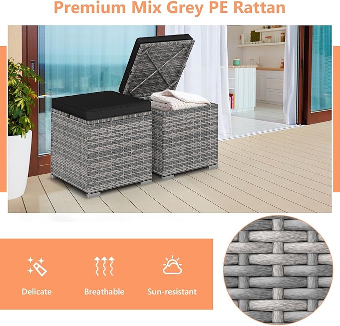Tangkula 2 Pieces Patio Ottomans, Patiojoy Hand-Woven PE Rattan Side Table with Removable Cushion & Hidden Storage Space, Multifunctional Storage Box, Seat for Patio, Backyard, Poolside (Black&Grey)
