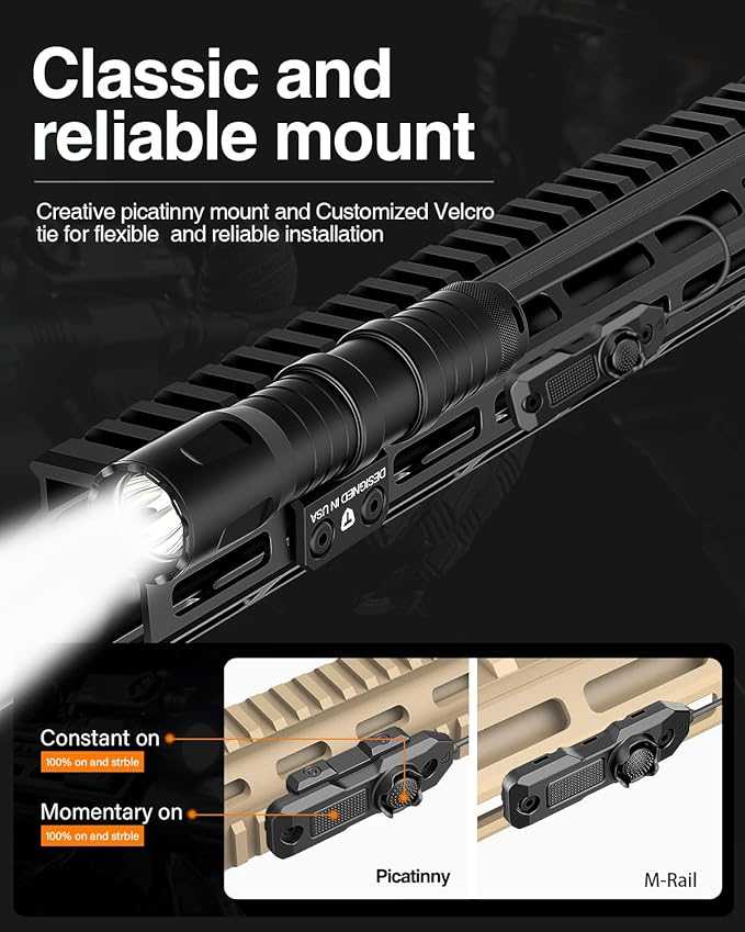 TOUGHSOUL M-Rail Picatinny Tactical Flashlight 1250 Lumens, Rechargeable Flashlight with Remote Pressure Switch LED Light with Rechargeable Batteries and Charger Included (M-Rail Mounted)