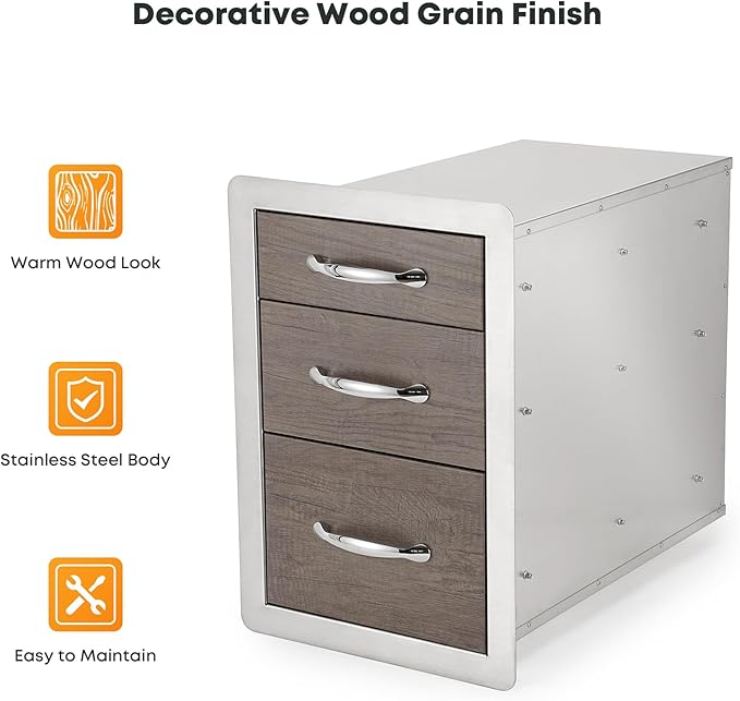 Stanbroil Outdoor Kitchen Drawers Triple BBQ Drawers 15" W x 21.3" H x 23" D, Wood Grain Access Drawer Flush Mount for BBQ Islands or Grill Station