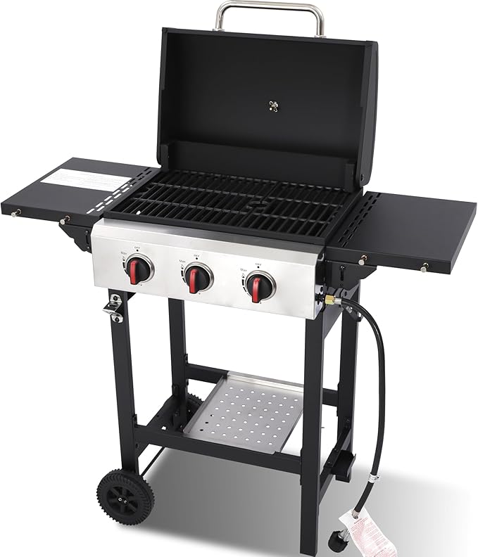 3-Burner 28650 BTU Propane Gas Grill, 252 Sq. In. Cast Iron Grates, Portable Outdoor BBQ with Foldable Side Shelves for Camping Patio, Black