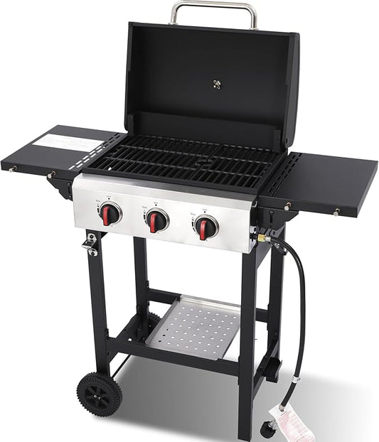 3-Burner 28650 BTU Propane Gas Grill, 252 Sq. In. Cast Iron Grates, Portable Outdoor BBQ with Foldable Side Shelves for Camping Patio, Black