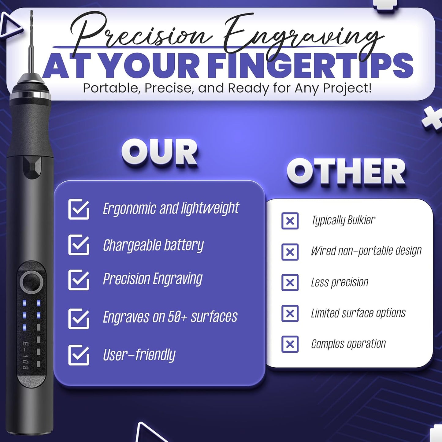 Smotche Customizer Engraving Pen for All Materials - Cordless Portable Engraver Pen for Artists & DIYers - Engrave 50+ Surfaces - Rechargeable