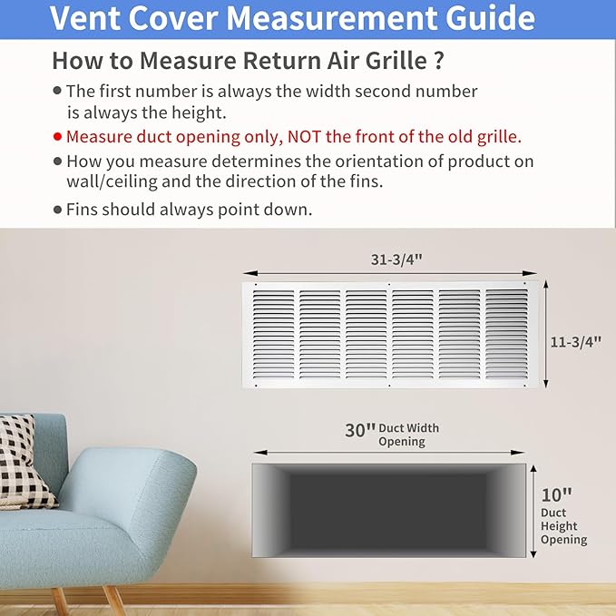30"W x 10"H [Duct Opening Size] Steel Return Air Grille, Air Return Vent Cover for Ceiling and Sidewall - HVAC Air Vent Covers - [Outer Dimensions: 31.75"W x 11.75"H]