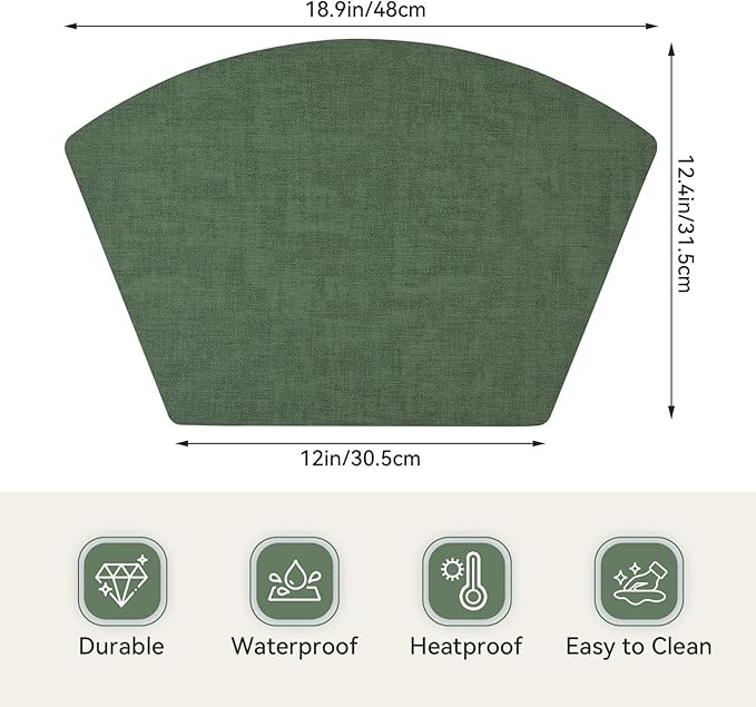 Round Table Placemats Set of 4, Faux Leather Wedge Shape Place Mats Heat Resistant Wipeable Washable Table Mats for Dining Outdoor Indoor, Green